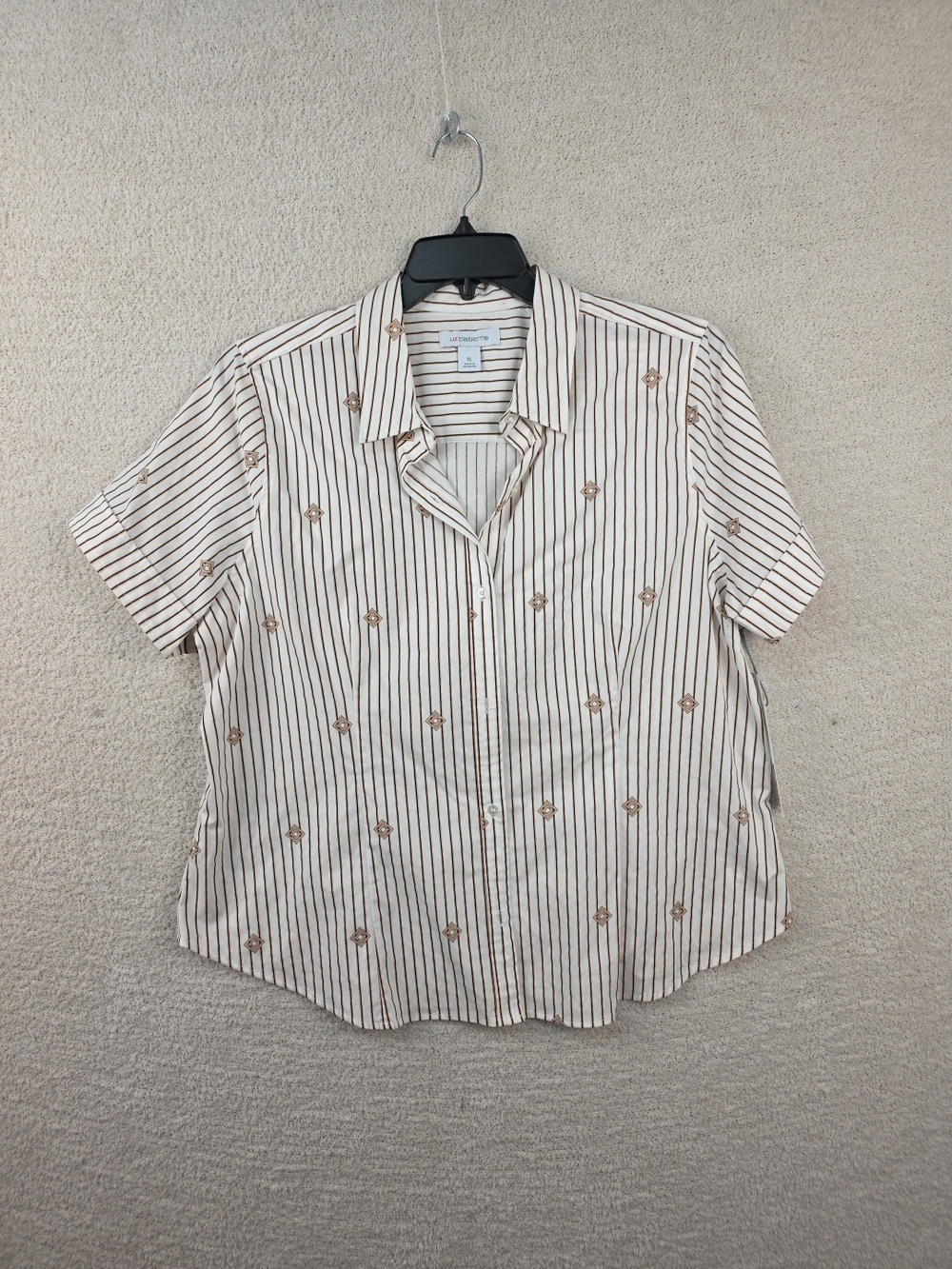 Liz Claiborne Cream Short-Sleeve Button-Down with Brown Pinstripes